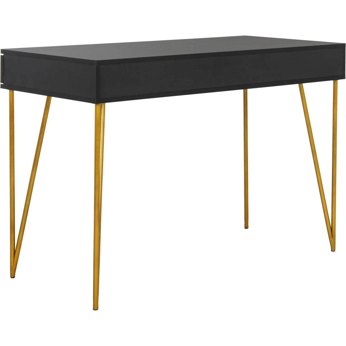 Clean-lined black desk features a rectangular top and splayed gold legs