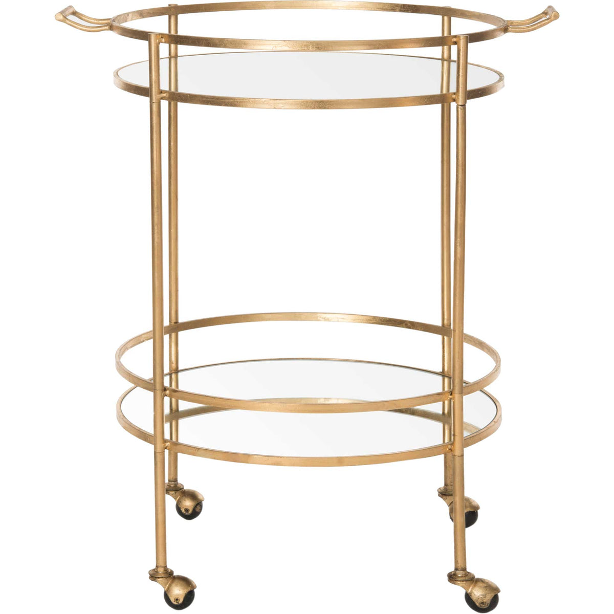 Round mirrored shelves, curved handles and slim gold legs give this rolling bar cart an elegant look || FOX2552B || front_studio