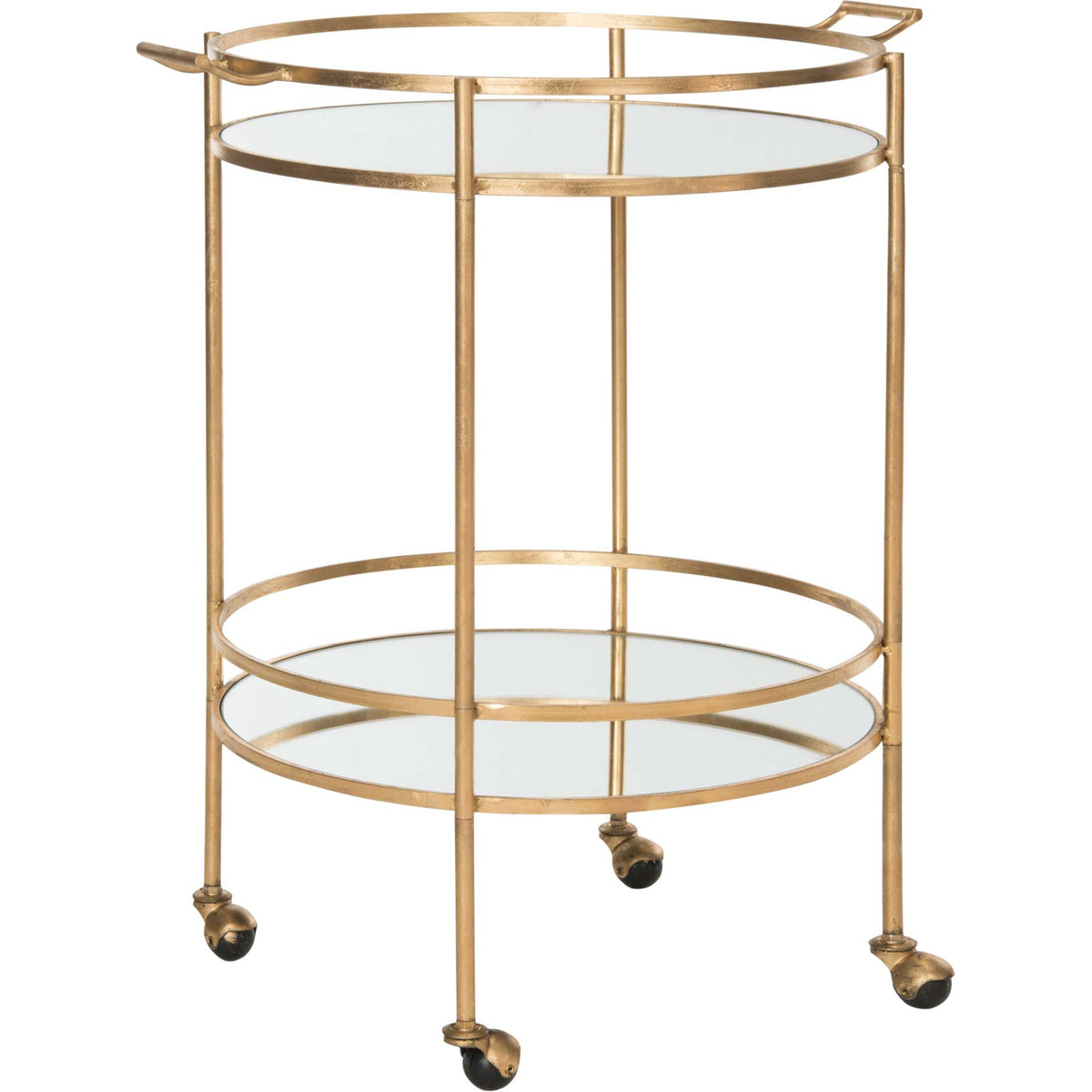 Gold-finished iron framing circles two mirrored tiers above four caster wheels || FOX2552B || side_studio