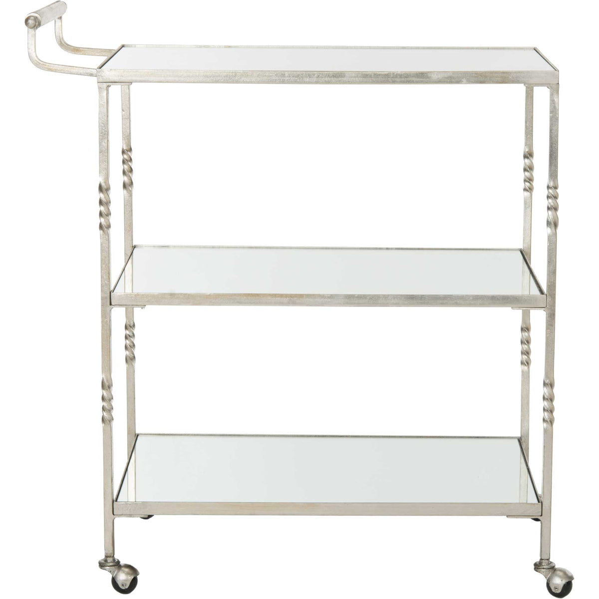 A silver-finished bar cart offers a mirrored top and two lower shelves for effortless entertaining. || FOX2557A || front_studio
