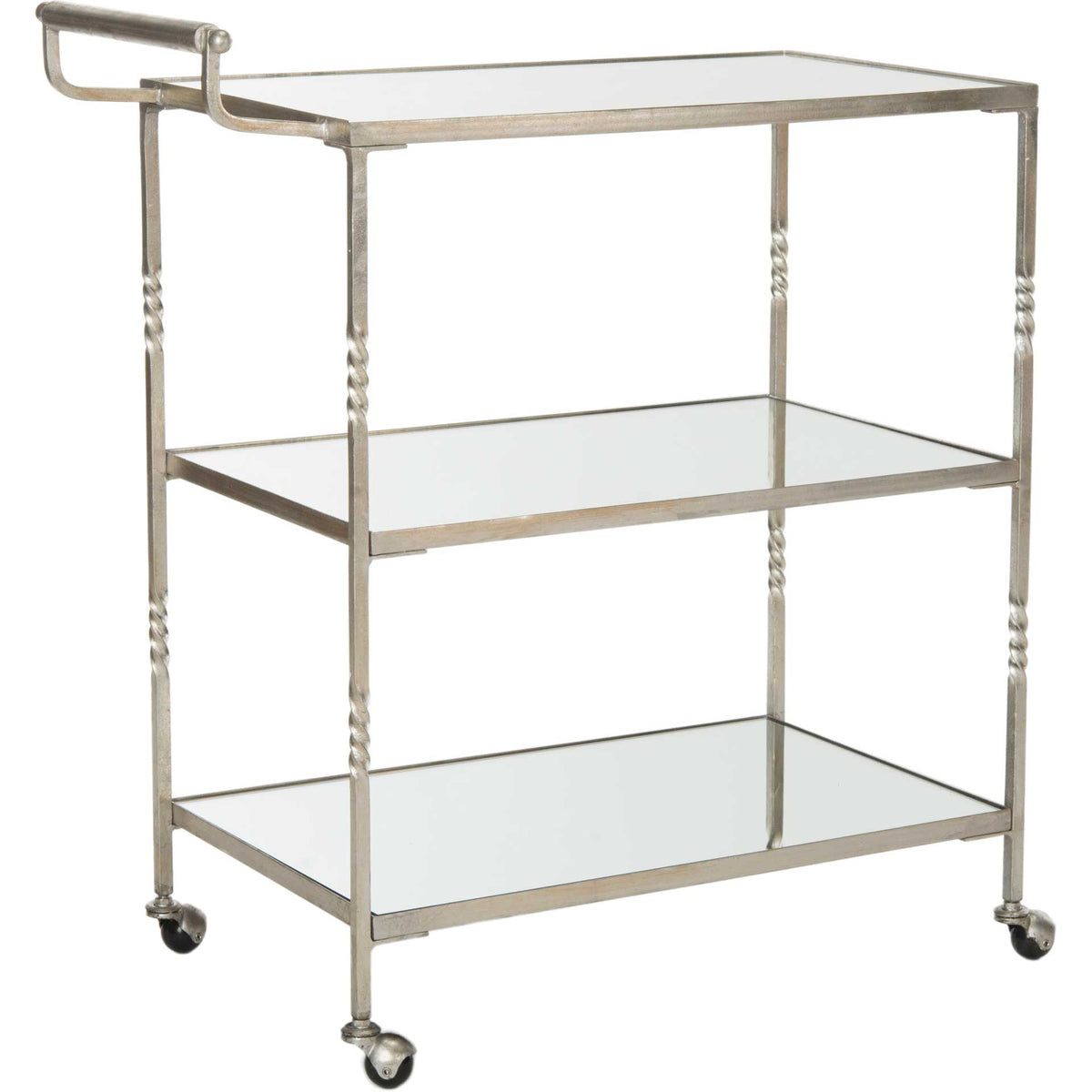 Silver iron bar cart pairs mirrored glass tiers with twisted posts and rolling casters. || FOX2557A || front_angle_studio
