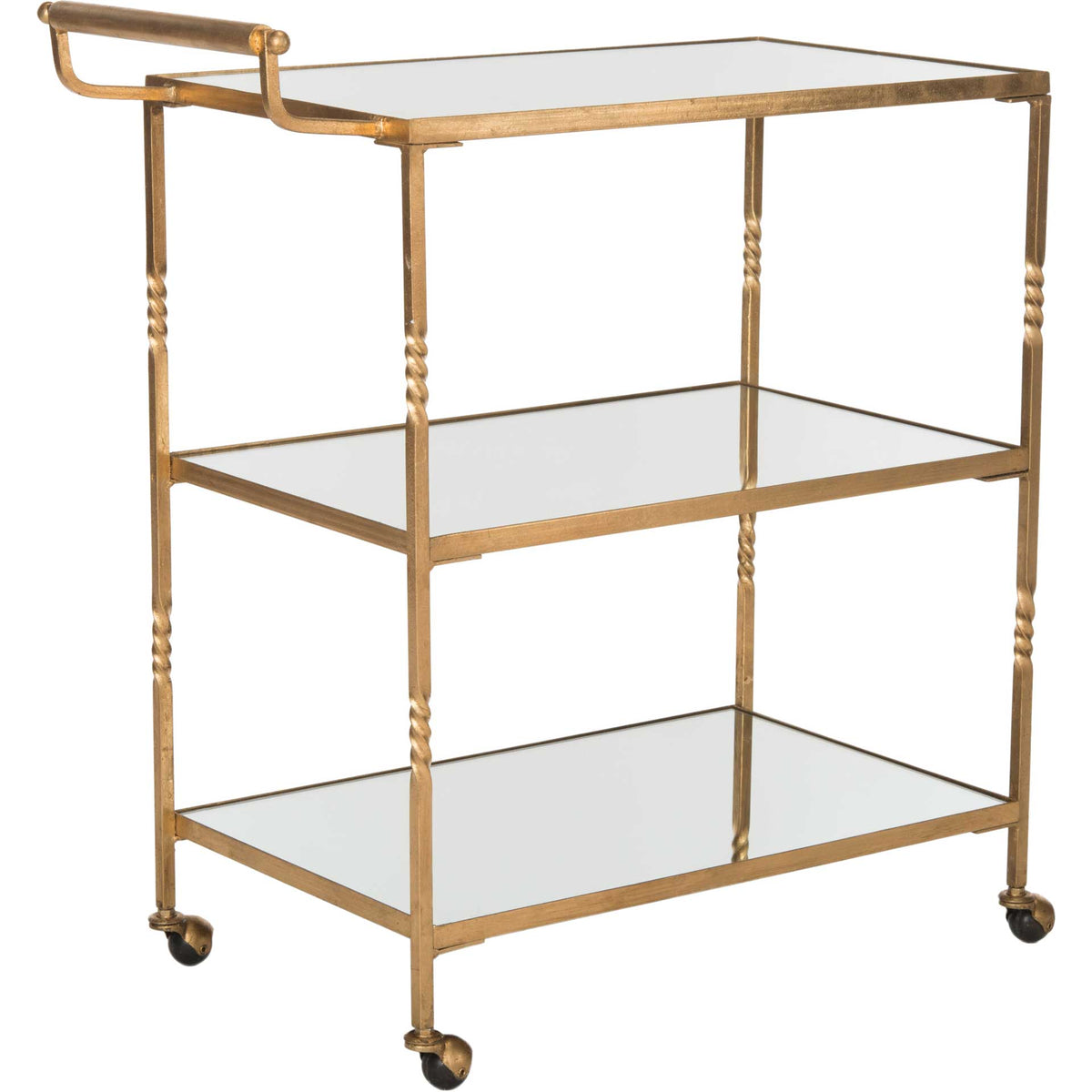 Gold iron bar cart features mirrored tiers, twisted posts, and rolling casters. || FOX2557B || front_angle_studio