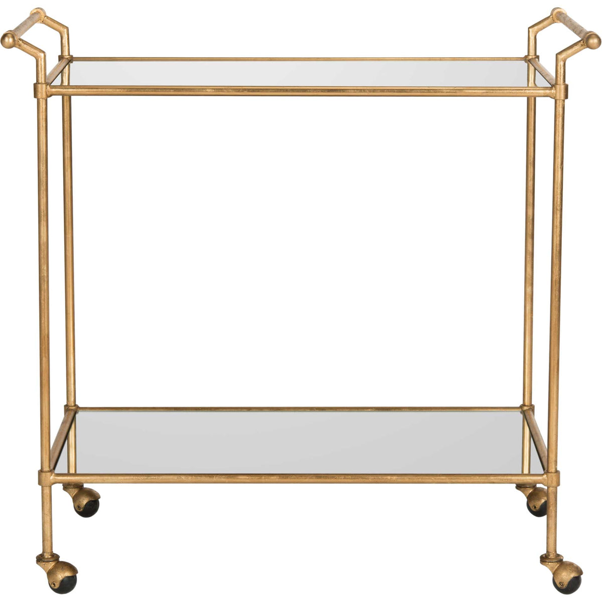Two-tier gold bar cart pairs mirrored shelves with slim rails and rolling casters || FOX2558A || front_studio