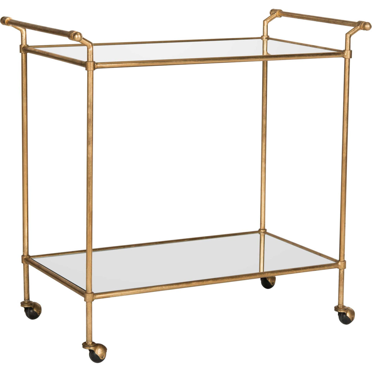 Gold bar cart with curved handles, mirrored shelves, and four rolling casters || FOX2558A || front_angle_studio