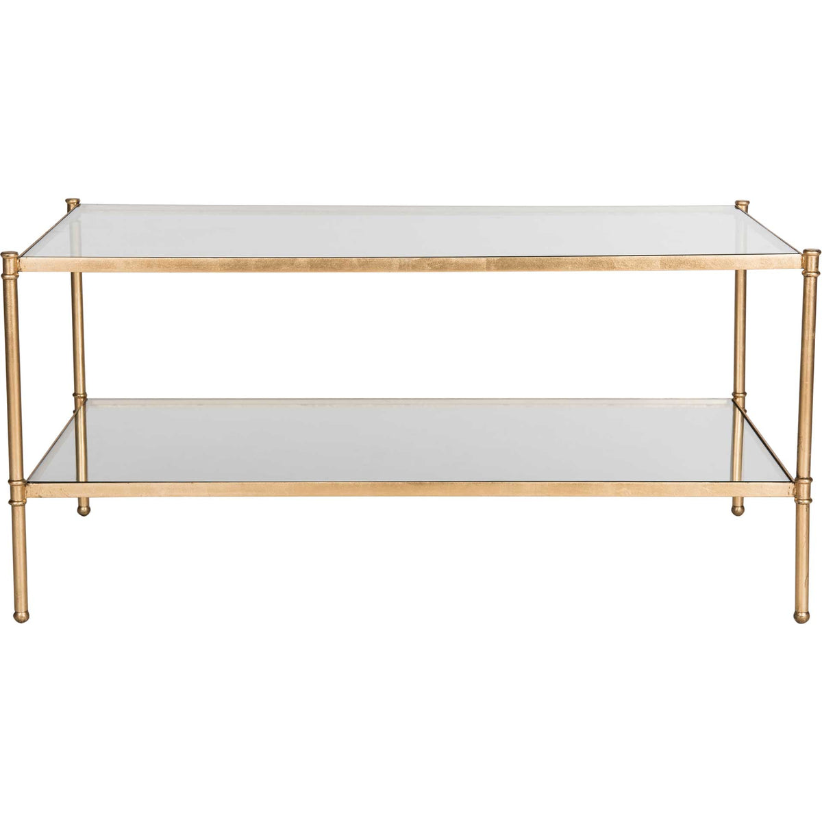A broad clear glass top pairs with a matching lower shelf and slender antique gold posts || FOX2565A || front_studio