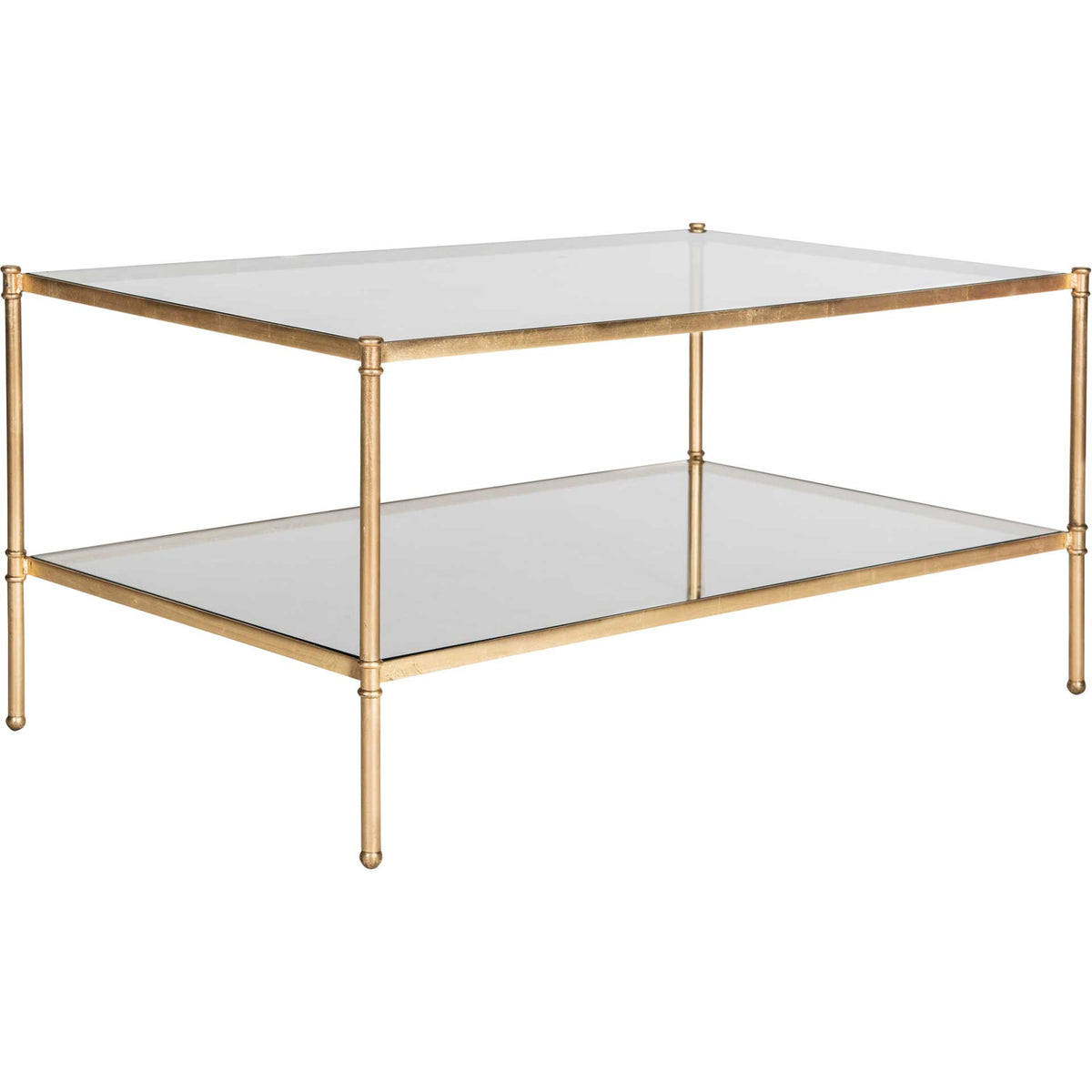 An antique gold iron frame and clear glass tiers create airy space for serving and display || FOX2565A || front_angle_studio