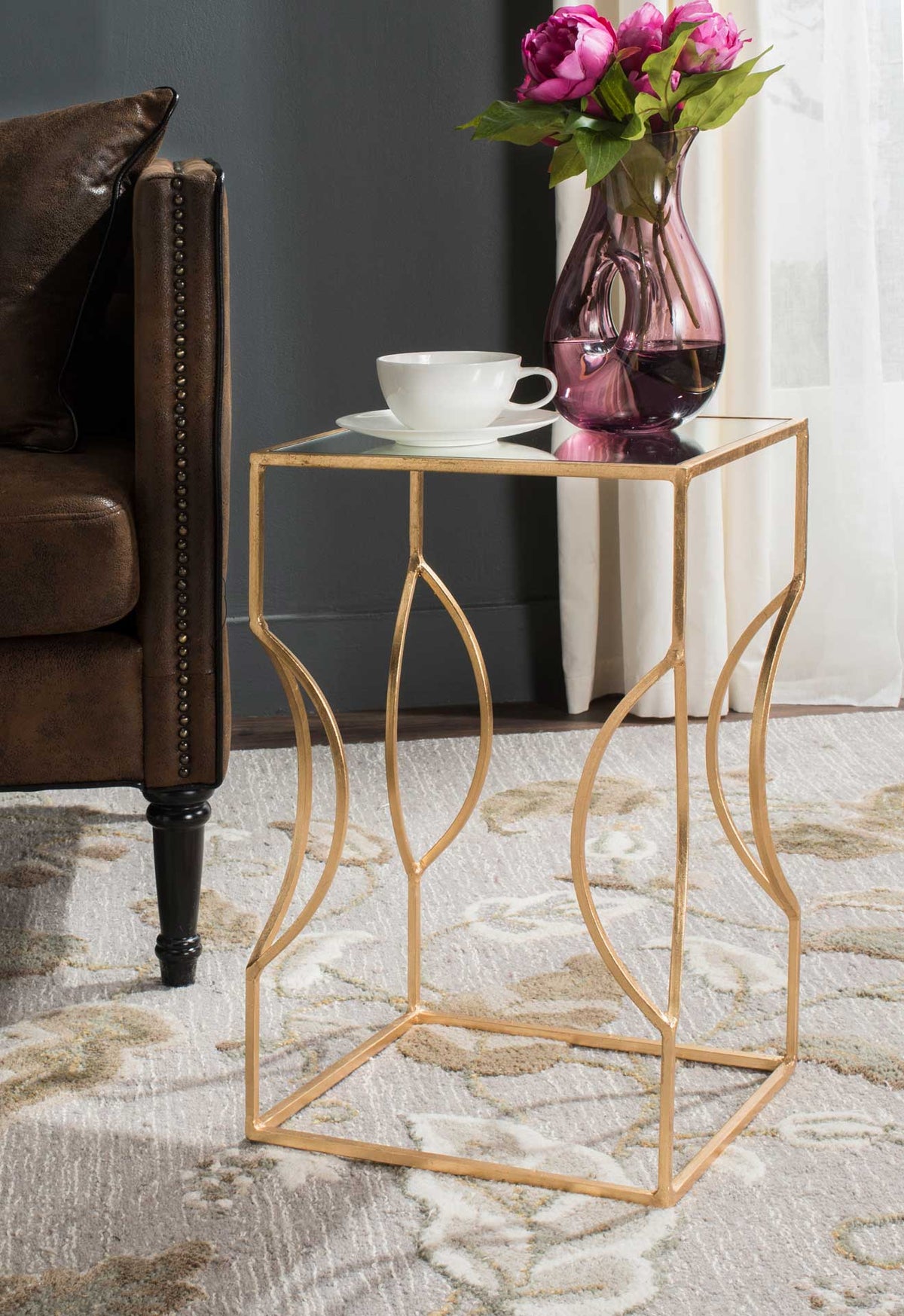 Velvet Poms Gold Leaf End Table Antique Gold