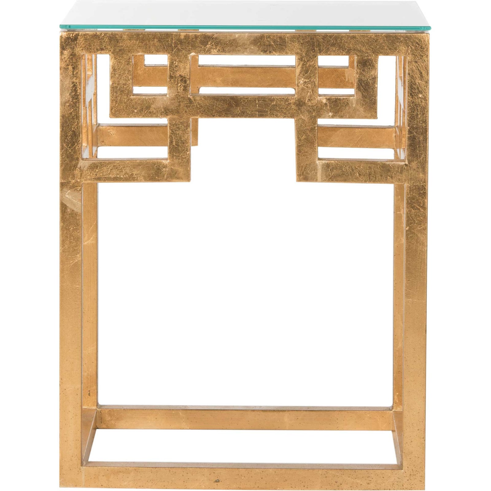 Byrnes Greek Key Glass Top End Table Antique Gold