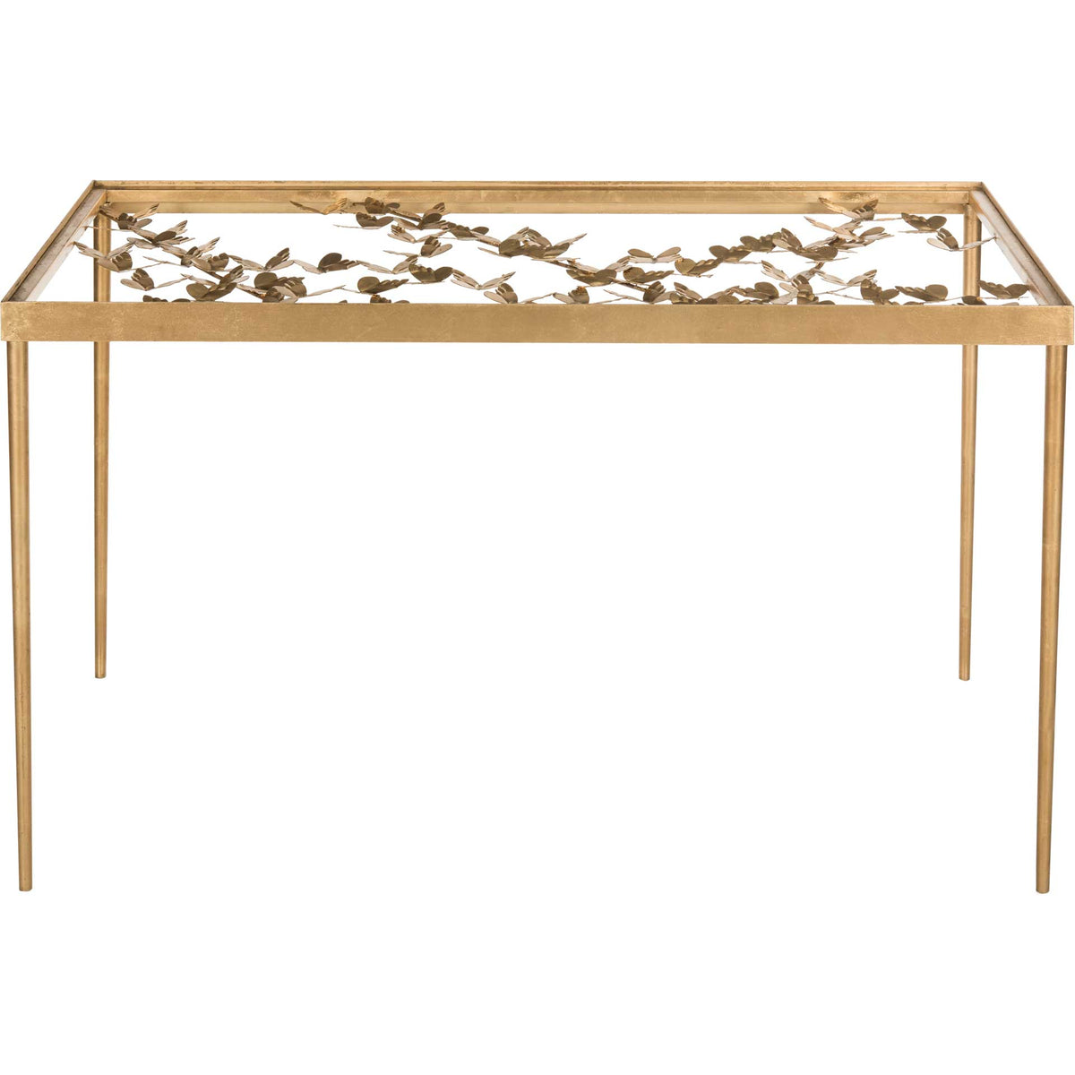 Gold butterfly accents enliven the glass top of this streamlined desk with four slender legs. || FOX2588A || front_studio