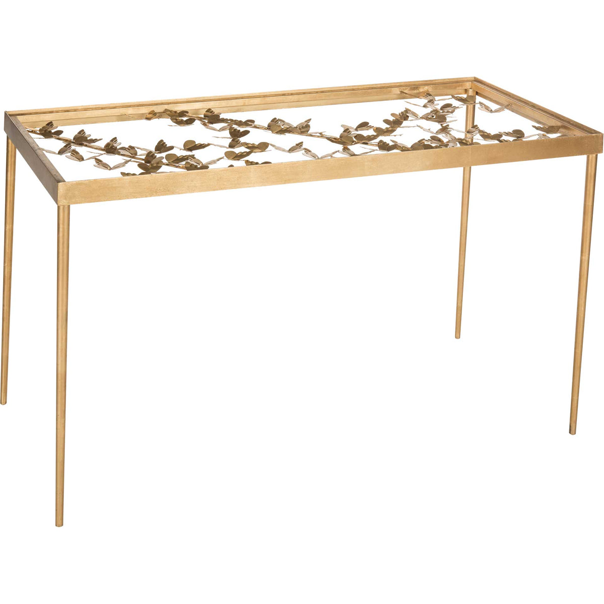 An airy antique gold frame supports a clear glass desk with sculptural butterfly accents and slim legs. || FOX2588A || front_angle_studio