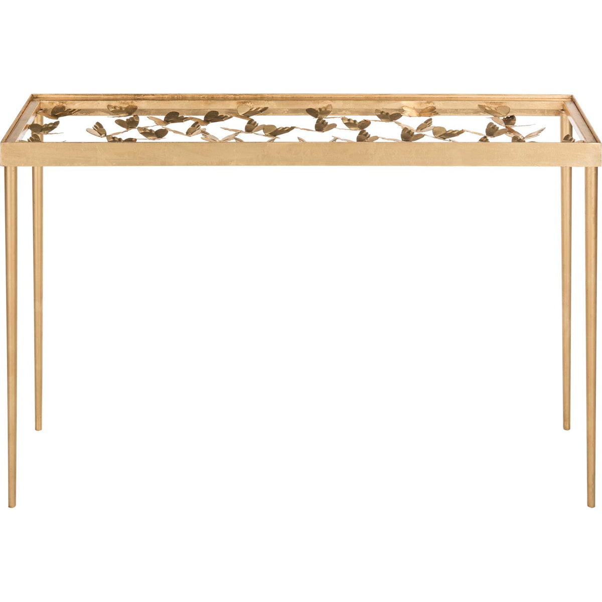 Delicate gold butterflies give this narrow glass-top console an airy, sculptural feel. || FOX2592A || front_studio