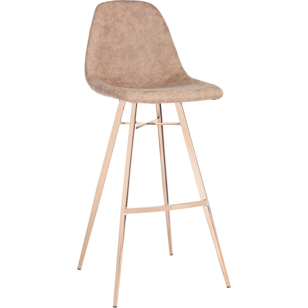 This bar-height stool pairs a sculpted brown faux leather seat with slim copper-finished legs. || FOX3011A || front_angle_studio