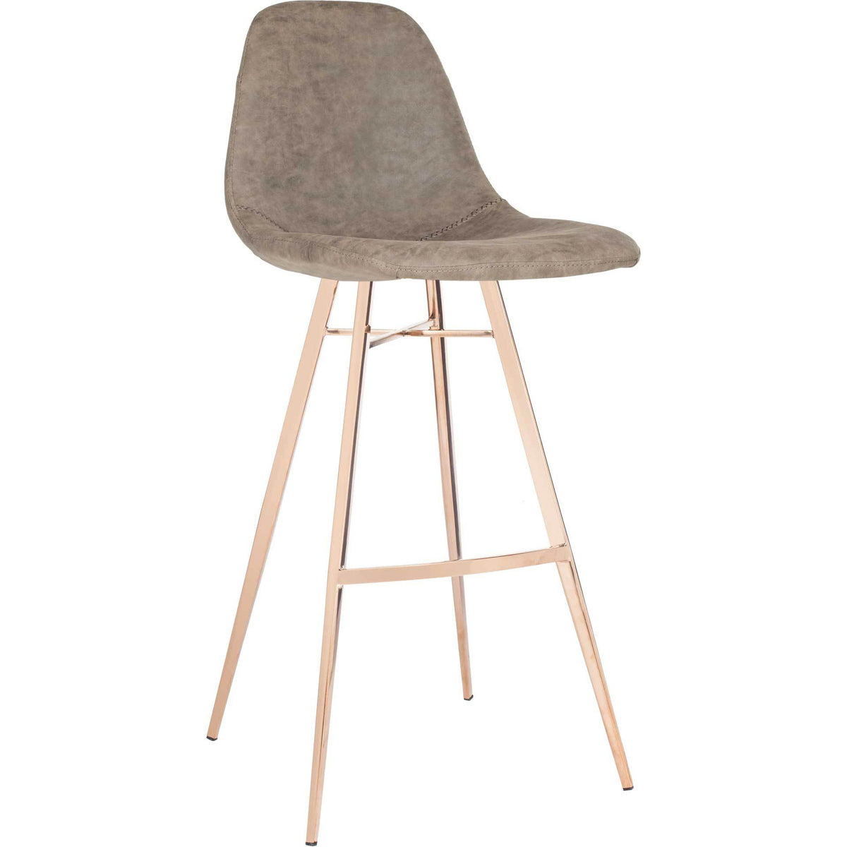This tall taupe faux leather stool combines a curved seat with slim copper-finished metal legs. || FOX3011B || front_angle_studio