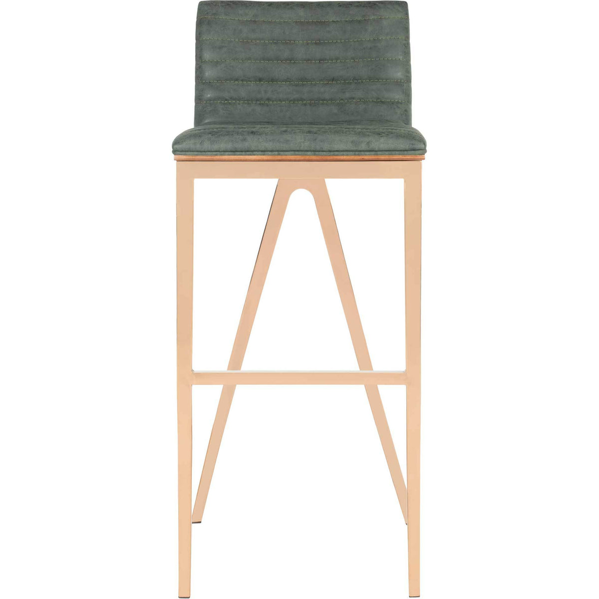 Ash green bar stool with horizontal channel tufting and an open copper-finished frame || FOX3016A || front_studio
