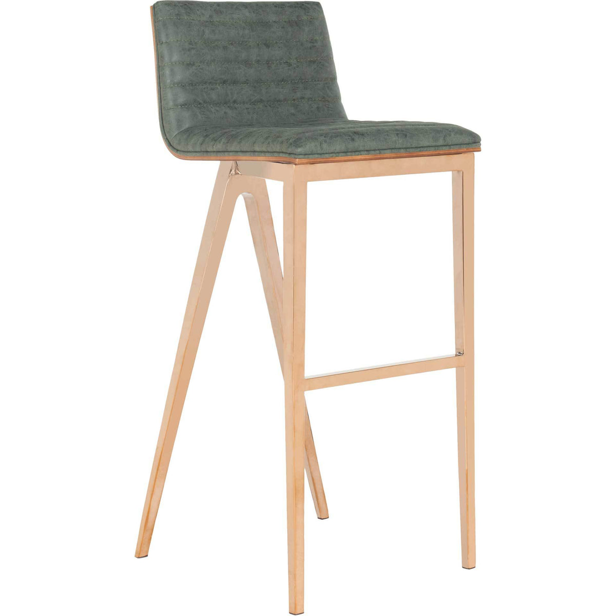 Ash green faux leather bar stool with a gently curved seat and sleek copper-finished legs || FOX3016A || front_angle_studio