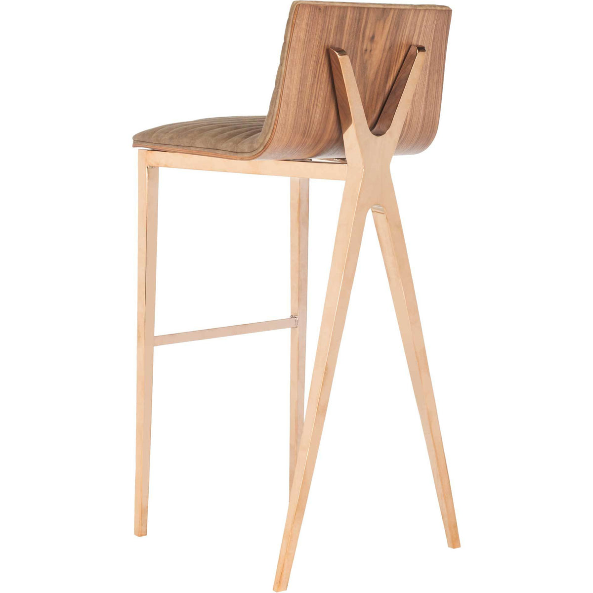 Brown cushioned seat with a wood-grain back and tapered copper-finished legs