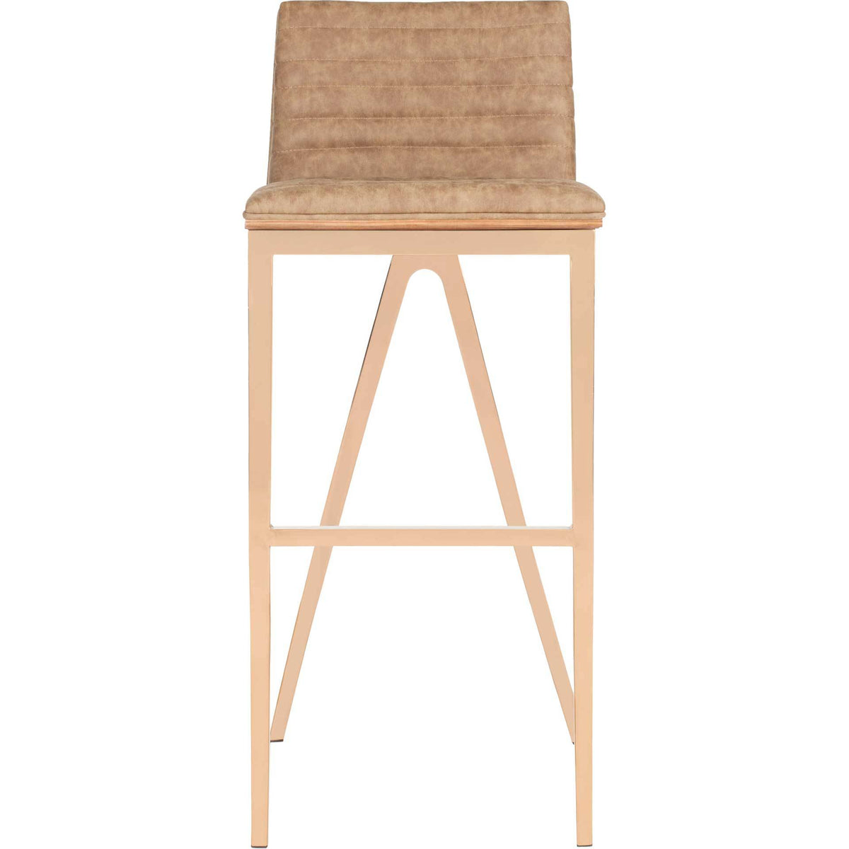 Brown bar stool with horizontal channel tufting and a slim copper-finished frame || FOX3016B || front_studio