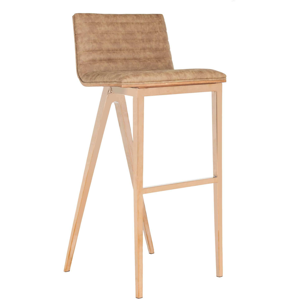 Brown faux leather bar stool with a curved, channel-tufted seat and copper-finished legs || FOX3016B || front_angle_studio
