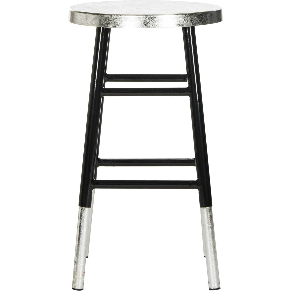 A backless black counter stool balances a textured silver seat over two tiers of black footrests. || FOX3211A || front_studio
