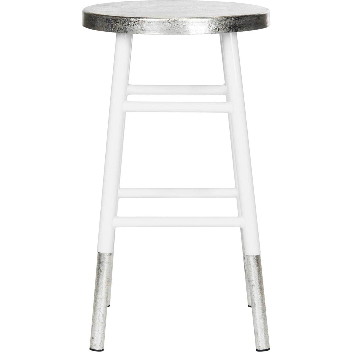 A backless white counter stool adds metallic shine with its round silver seat and matching leg tips. || FOX3211B || front_studio