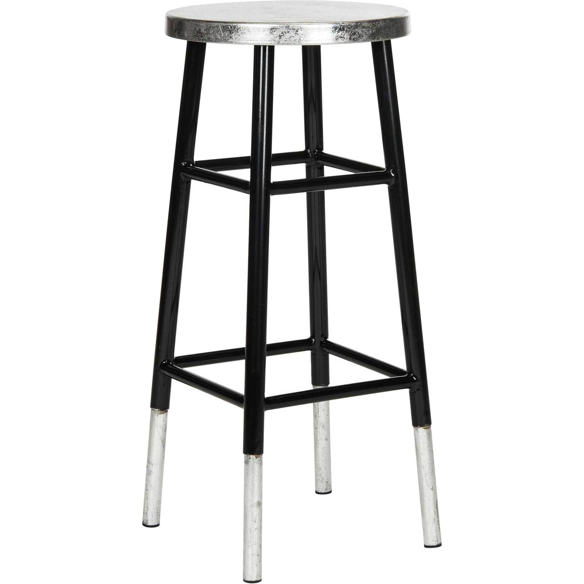 A tall black iron bar stool pairs a silver-finished round seat with square footrests and silver-dipped feet. || FOX3212A || front_angle_studio