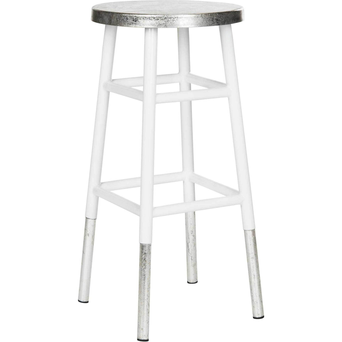 A tall white iron bar stool stands on splayed legs with silver-dipped feet and a textured silver seat. || FOX3212B || front_angle_studio