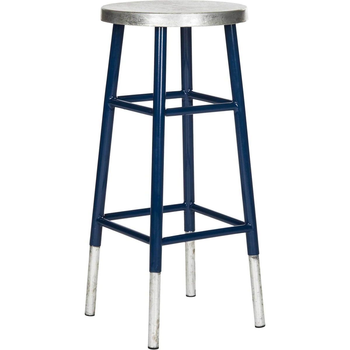 A tall navy bar stool brings bold contrast with a silver seat, silver-tipped feet, and square footrests. || FOX3212C || front_angle_studio