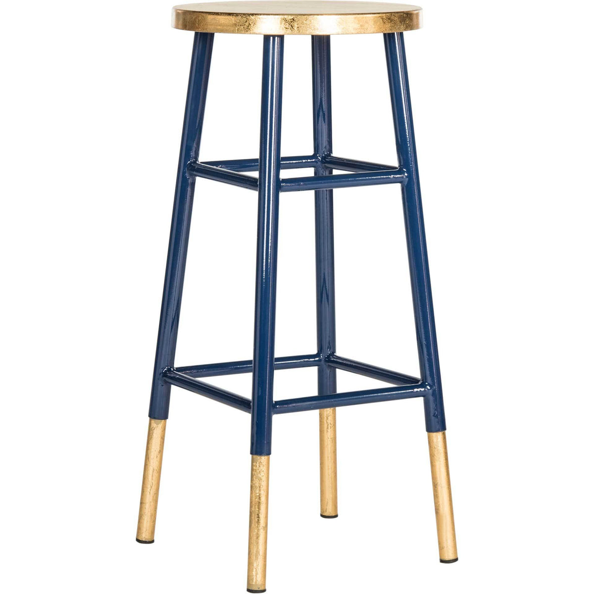 Tall navy bar stool with a round gold seat, square footrest, and gold-tipped legs || FOX3230A || side_studio