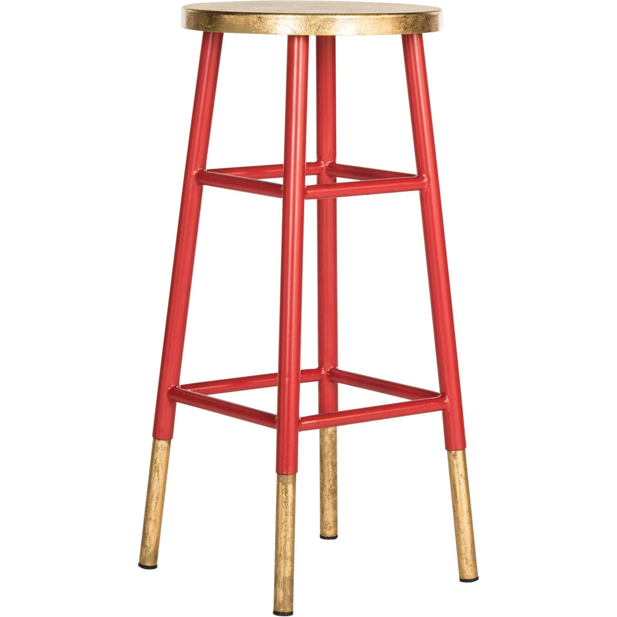 Tall red iron bar stool pairs a round gold seat with open braces and gold-tipped legs || FOX3230B || side_studio