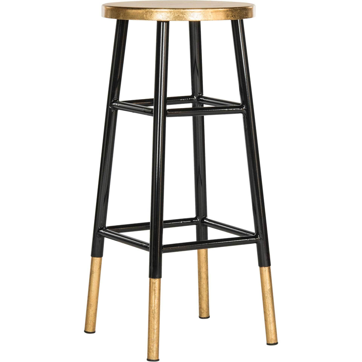 Tall black iron bar stool with a round gold seat, square footrest, and gold-tipped legs || FOX3230C || side_studio
