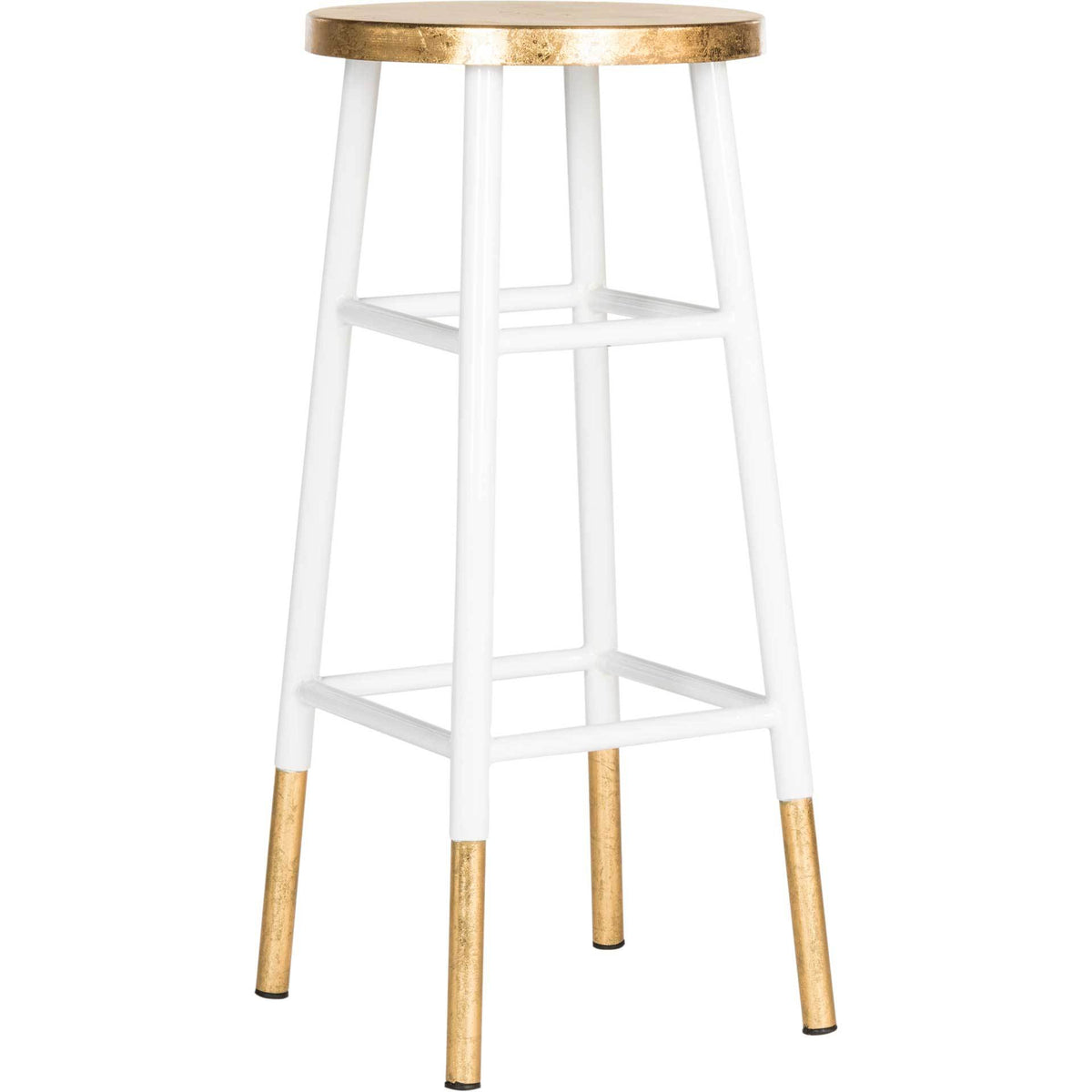 Tall white iron bar stool with a textured gold seat, open supports, and gold-tipped legs || FOX3230D || side_studio