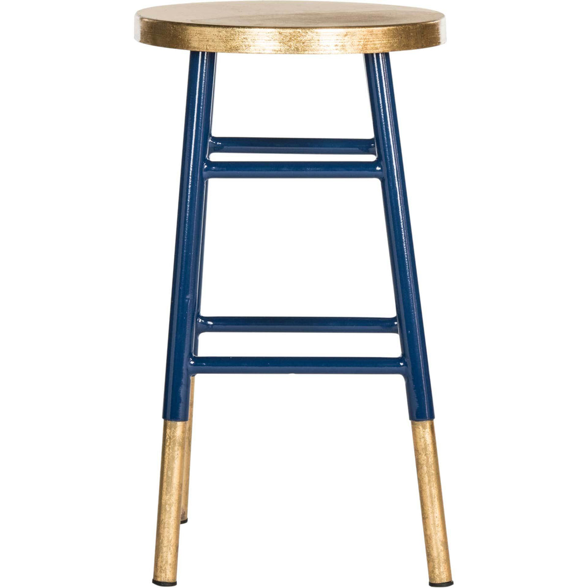 Round gold seat tops a sleek navy counter stool with sturdy crossbar footrests || FOX3231A || front_studio