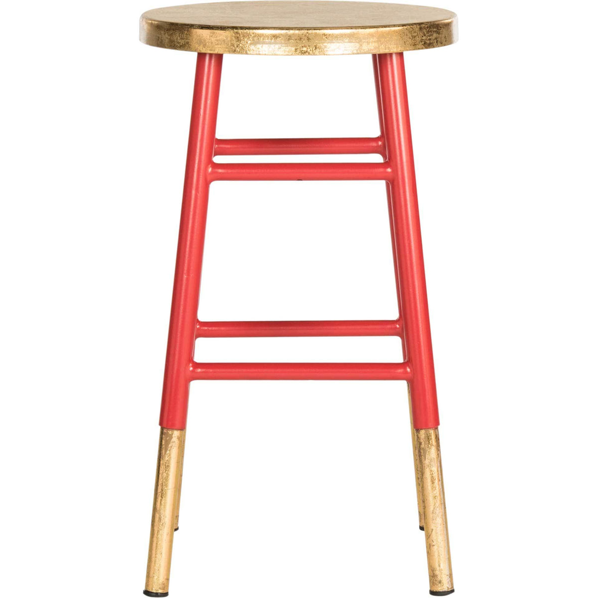 Round gold seat tops a red counter stool with tapered legs and built-in footrests || FOX3231B || front_studio