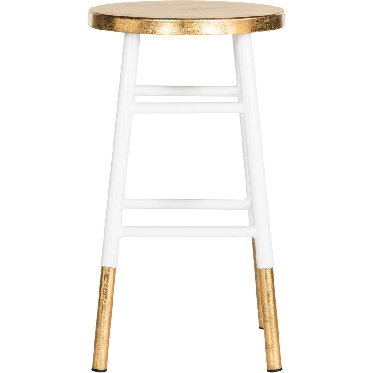 Round gold seat crowns a white counter stool with slim legs and sturdy crossbars || FOX3231D || front_studio