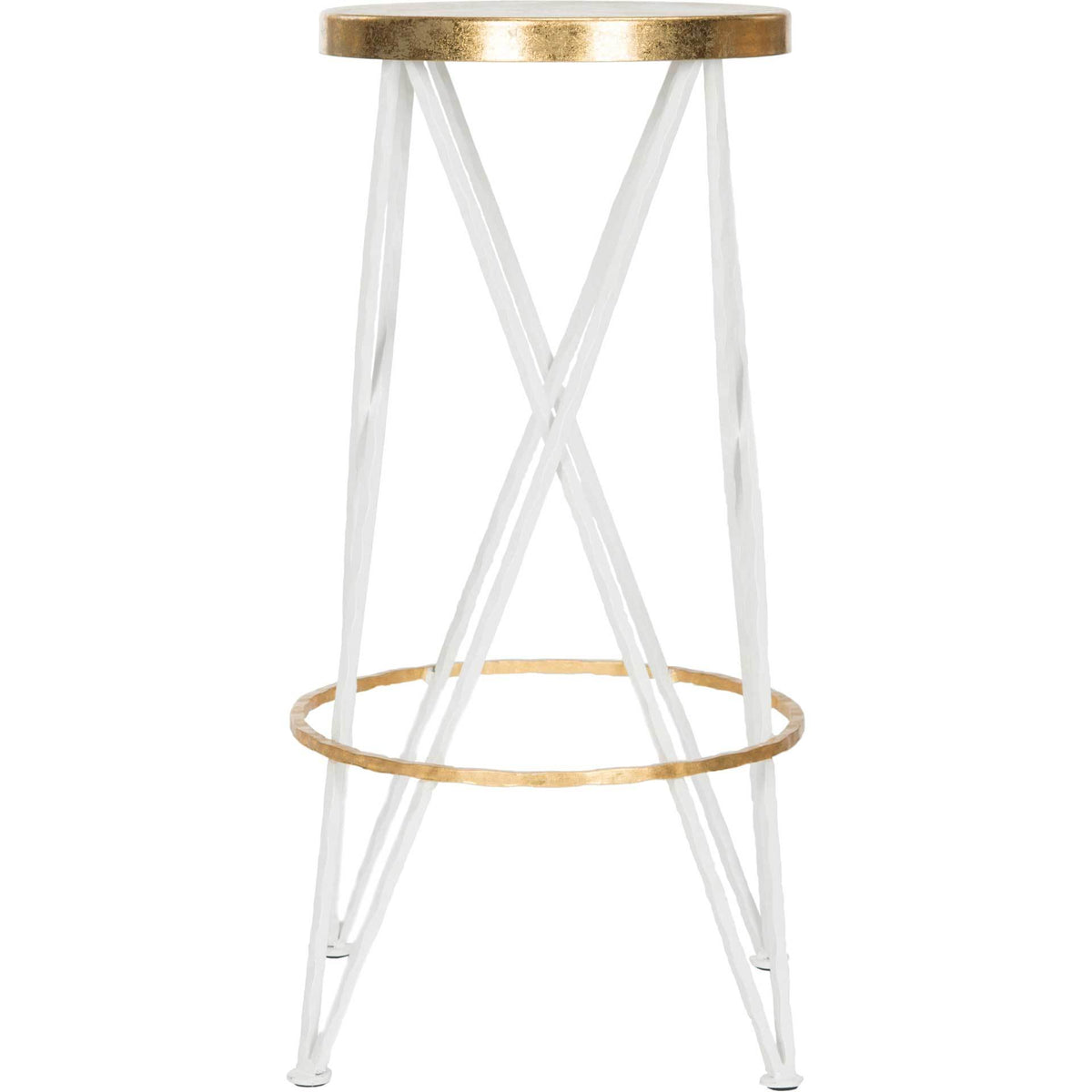 Slender white crisscross legs support a round gold seat and matching footrest. || FOX3253B || front_studio