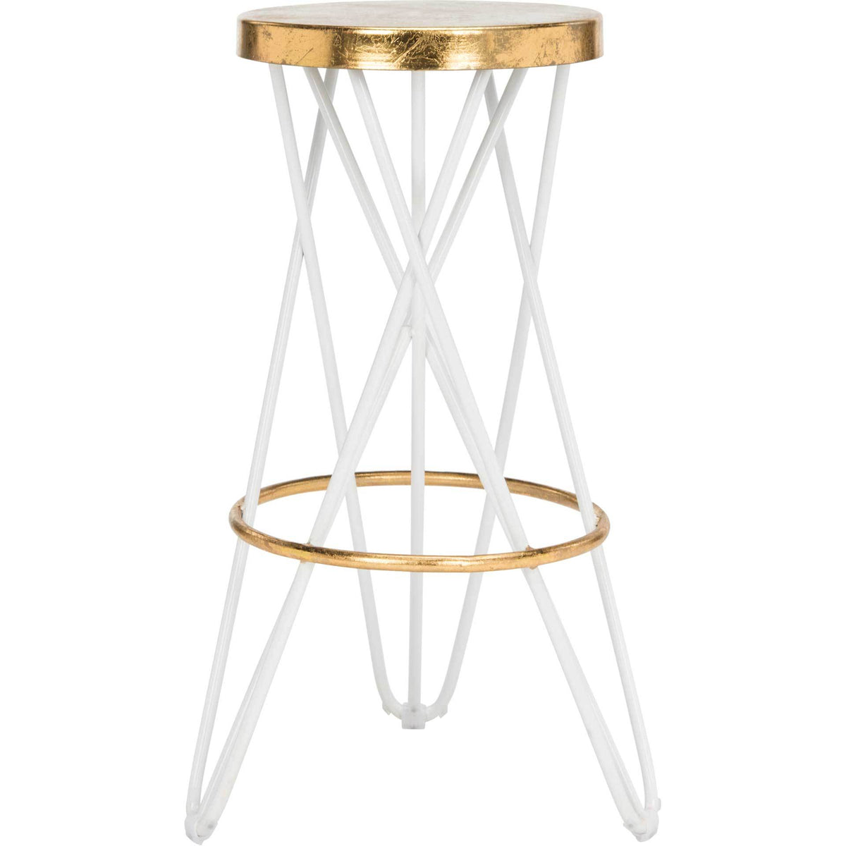 A gold-leaf seat and coordinating ring footrest brighten a tall white iron bar stool. || FOX3254A || front_studio
