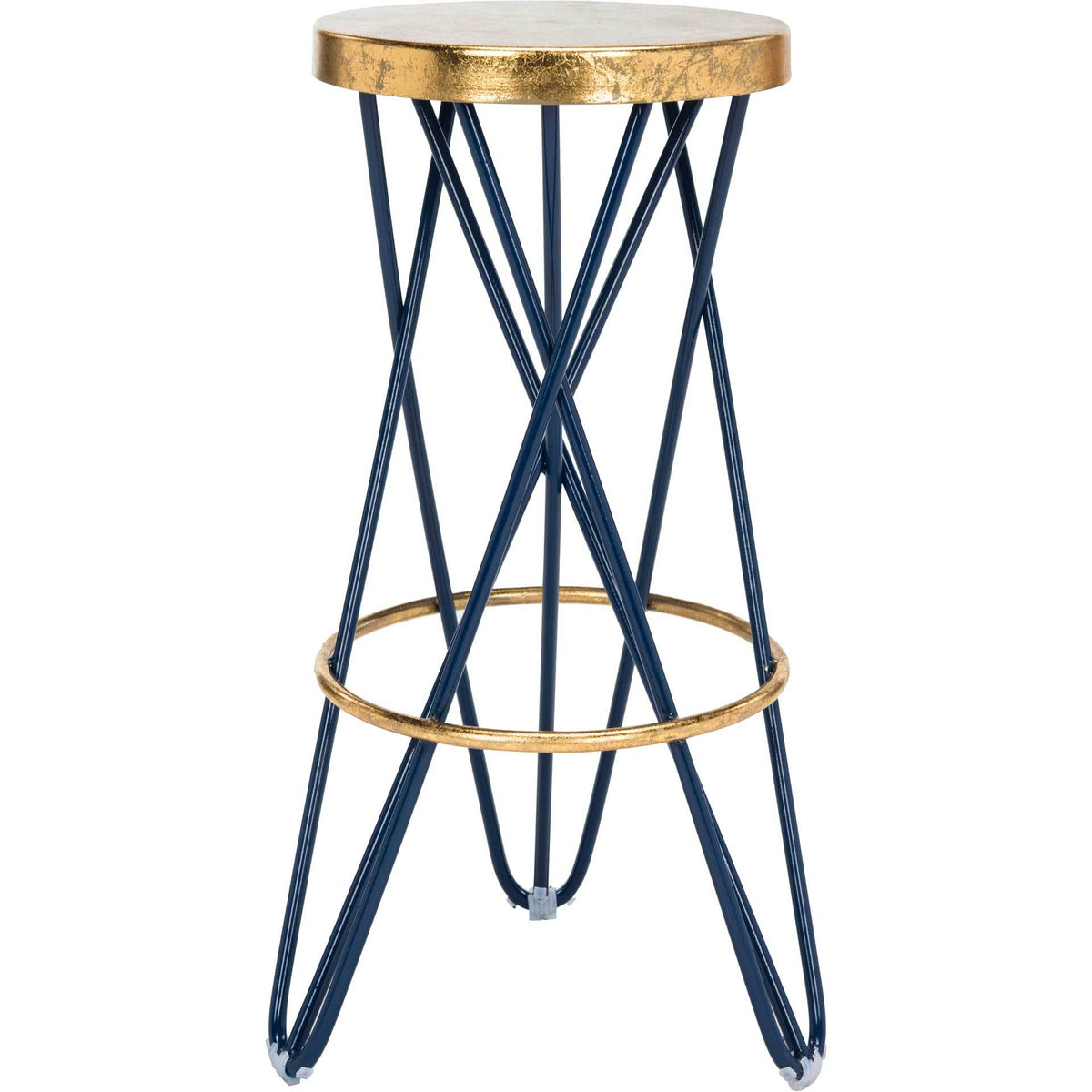 A bar-height stool pairs a shimmering gold-leaf seat with tall navy iron legs and a gold footrest. || FOX3254B || front_studio