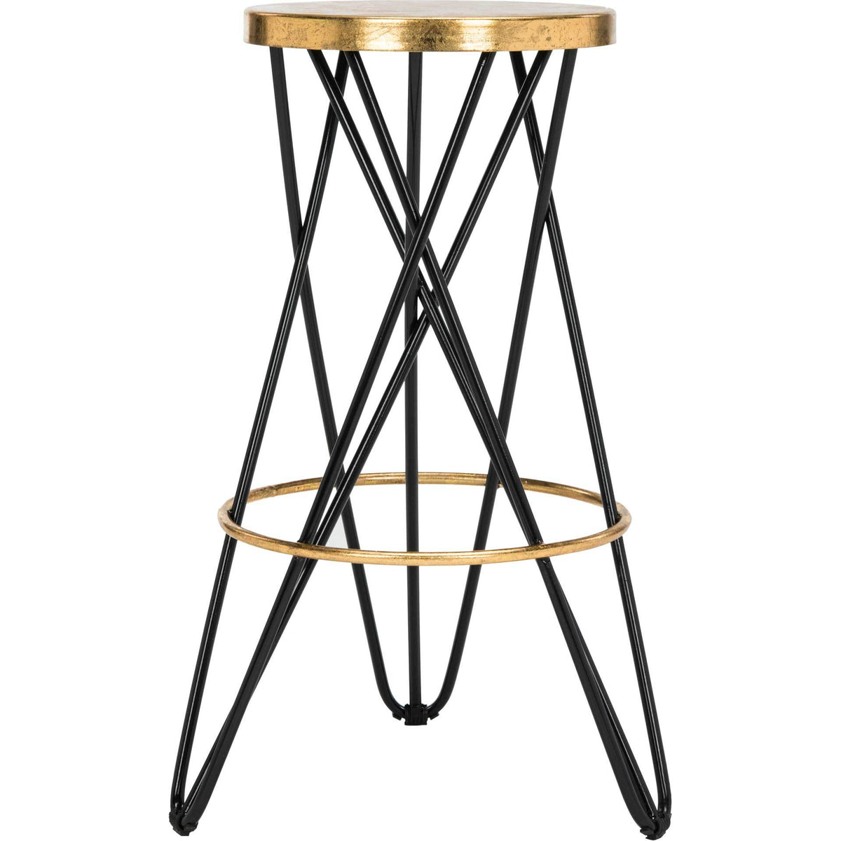 A tall black iron frame supports a round gold-leaf seat and coordinating ring footrest. || FOX3254D || front_studio