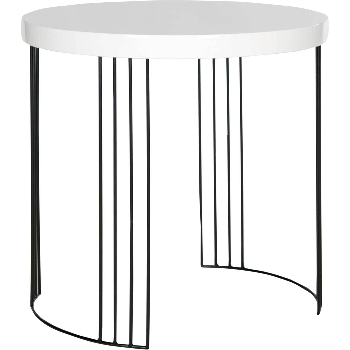 Curved black iron supports frame the open space beneath a crisp white tabletop || FOX4201A || side_studio