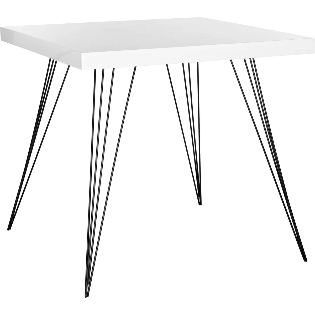 White lacquered square tabletop appears to float above slender black iron hairpin legs || FOX4205A || front_angle_studio