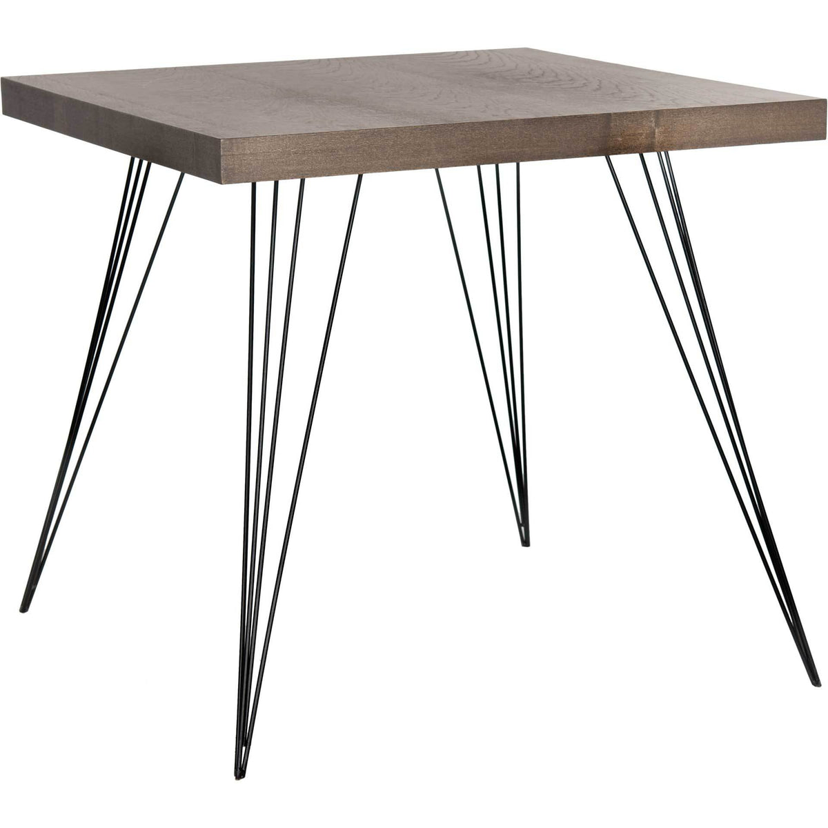 Dark brown wood-grain tabletop pairs with slender black iron hairpin legs || FOX4205B || front_angle_studio