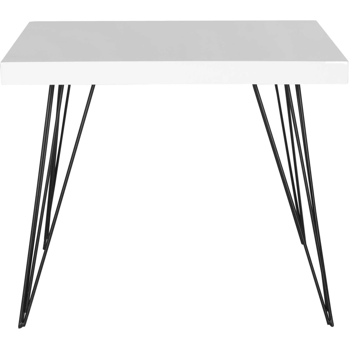 White lacquered coffee table with a slim square top and splayed black hairpin legs || FOX4206A || front_studio