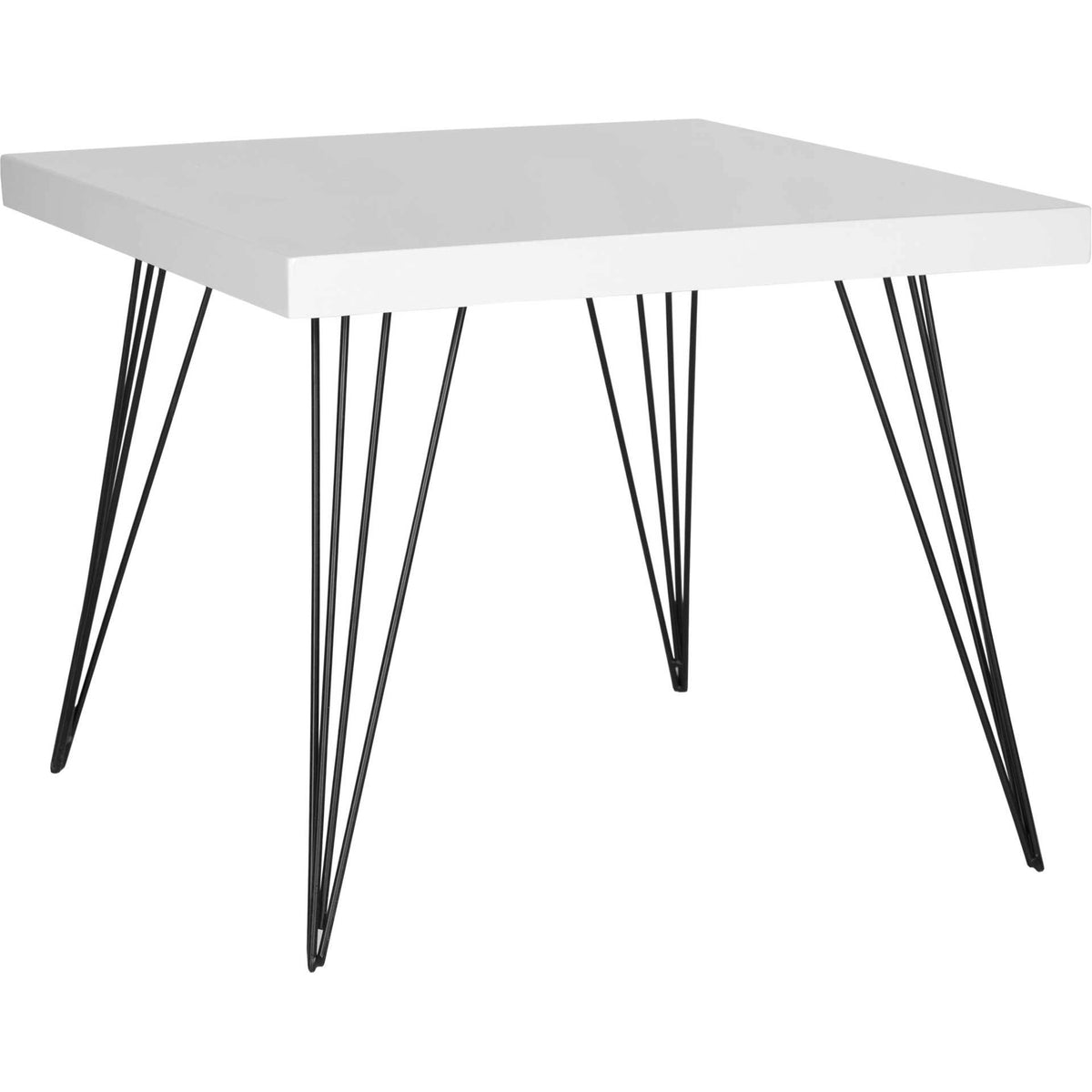 A crisp white square top floats above slender black iron hairpin legs || FOX4206A || front_angle_studio
