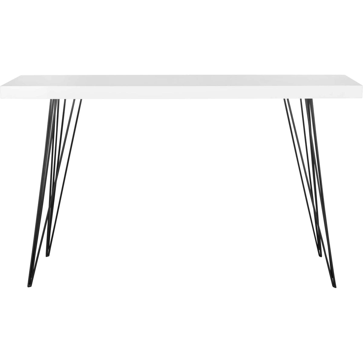 Slim white console table combines a smooth rectangular top with black iron hairpin legs. || FOX4208A || front_studio