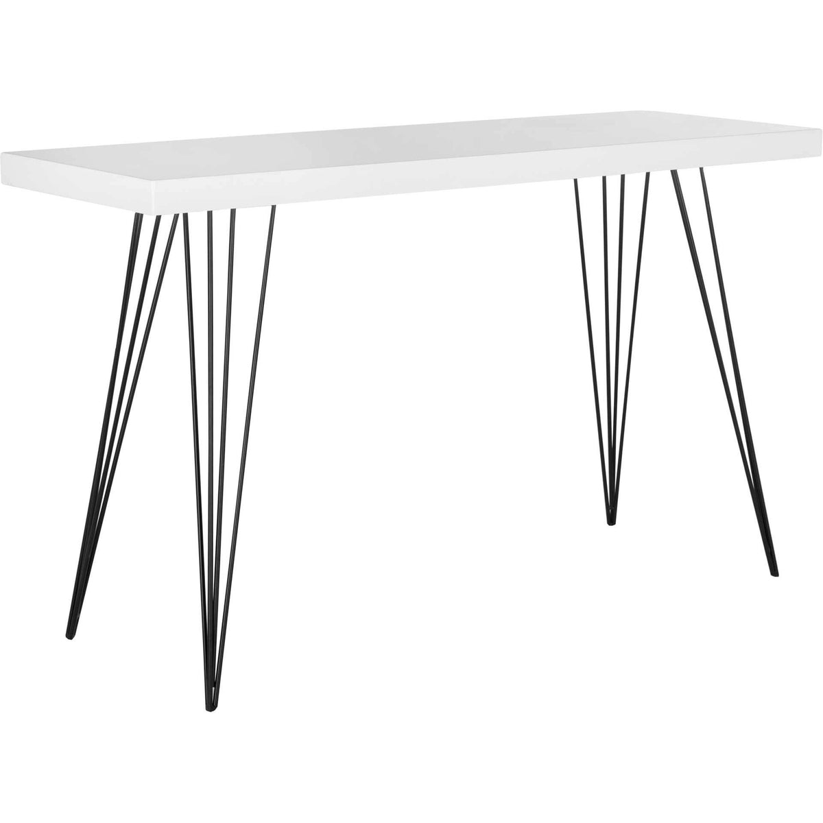 White lacquered tabletop contrasts with splayed black iron hairpin legs for a light, open design. || FOX4208A || front_angle_studio