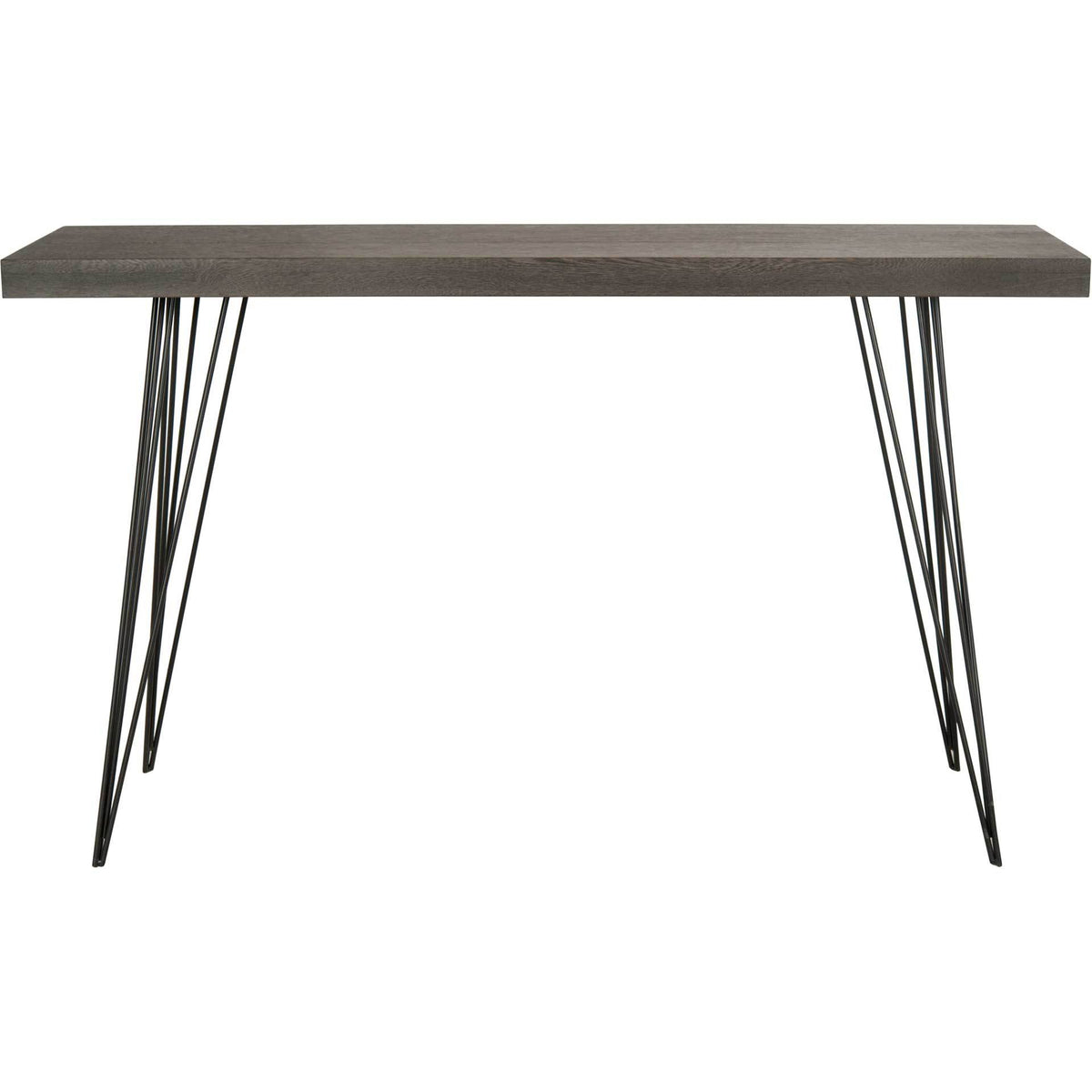 Dark brown console table has a thick top and slender black iron legs for a crisp industrial look. || FOX4208C || front_studio