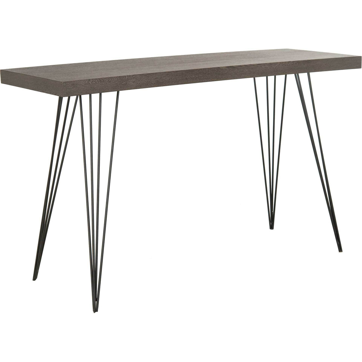 Dark brown tabletop pairs a broad rectangular silhouette with delicate black iron hairpin legs. || FOX4208C || front_angle_studio