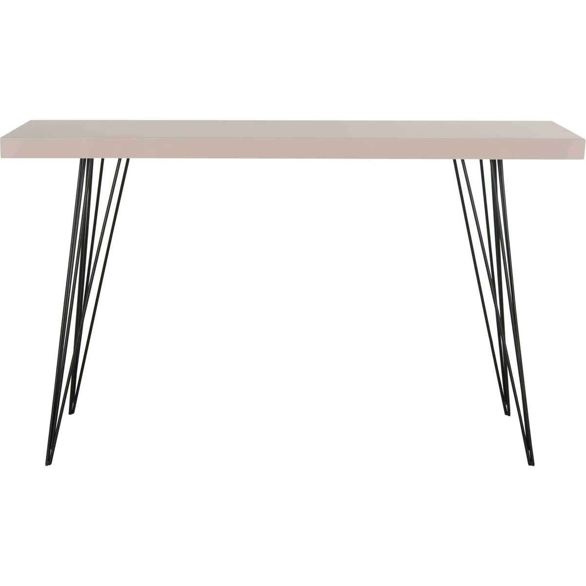 Taupe console table pairs a smooth lacquered top with slender black iron legs. || FOX4208D || front_studio