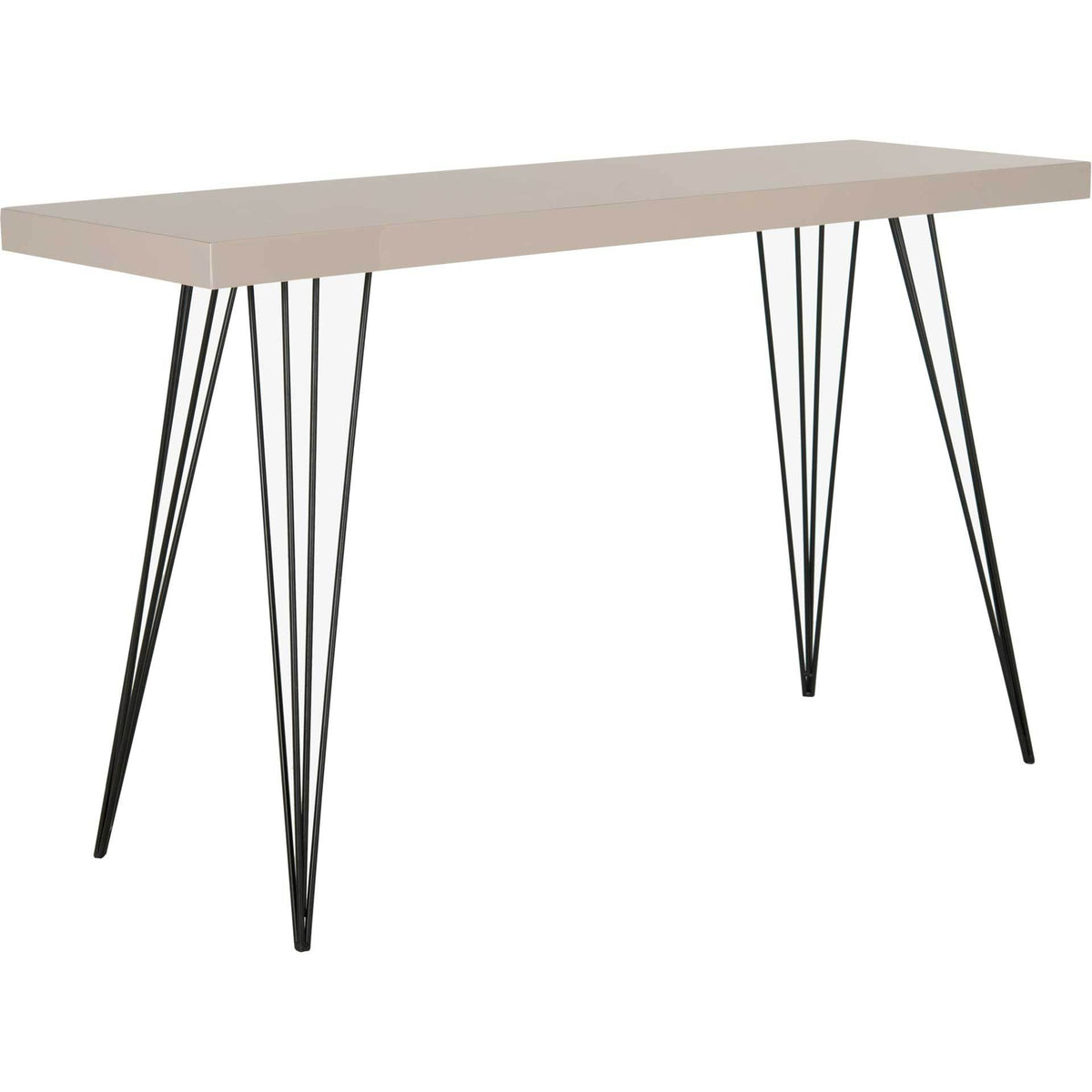 Taupe rectangular top balances on splayed black iron hairpin legs for an airy, modern look. || FOX4208D || front_angle_studio