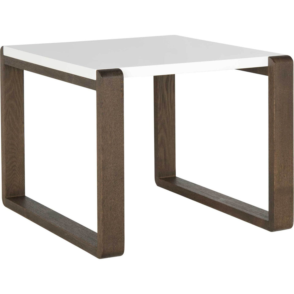 Dark brown wood-grain legs form bold, open frames beneath a crisp white tabletop. || FOX4211A || front_angle_studio